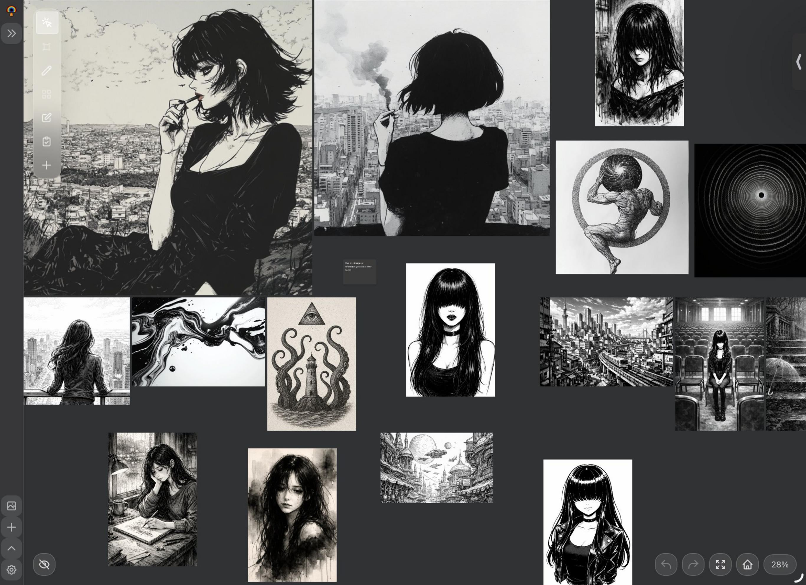 DarkRef app showing an art reference board with organized images