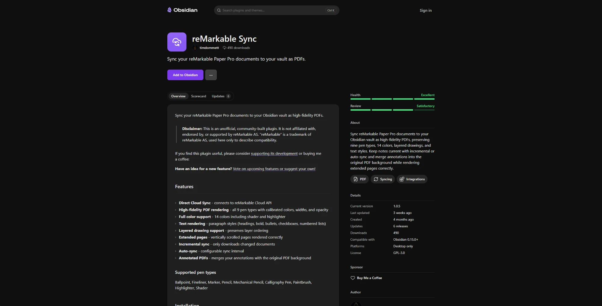 reMarkable Sync on the Obsidian community plugins page
